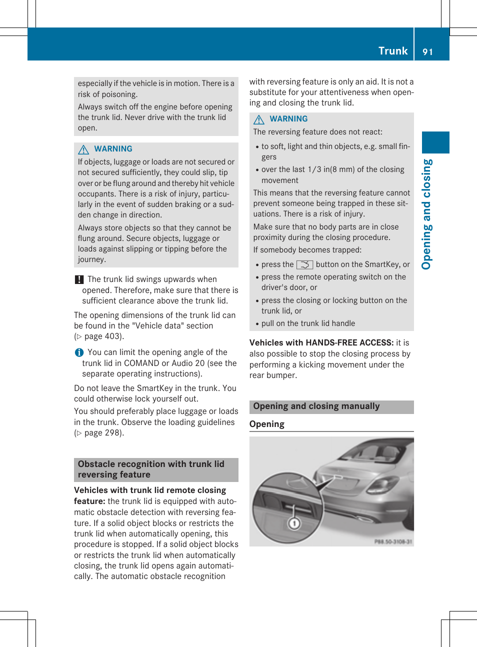 Opening and closi ng, Trunk | Mercedes-Benz C-Sedan 2015 Owners Manual User Manual | Page 93 / 406