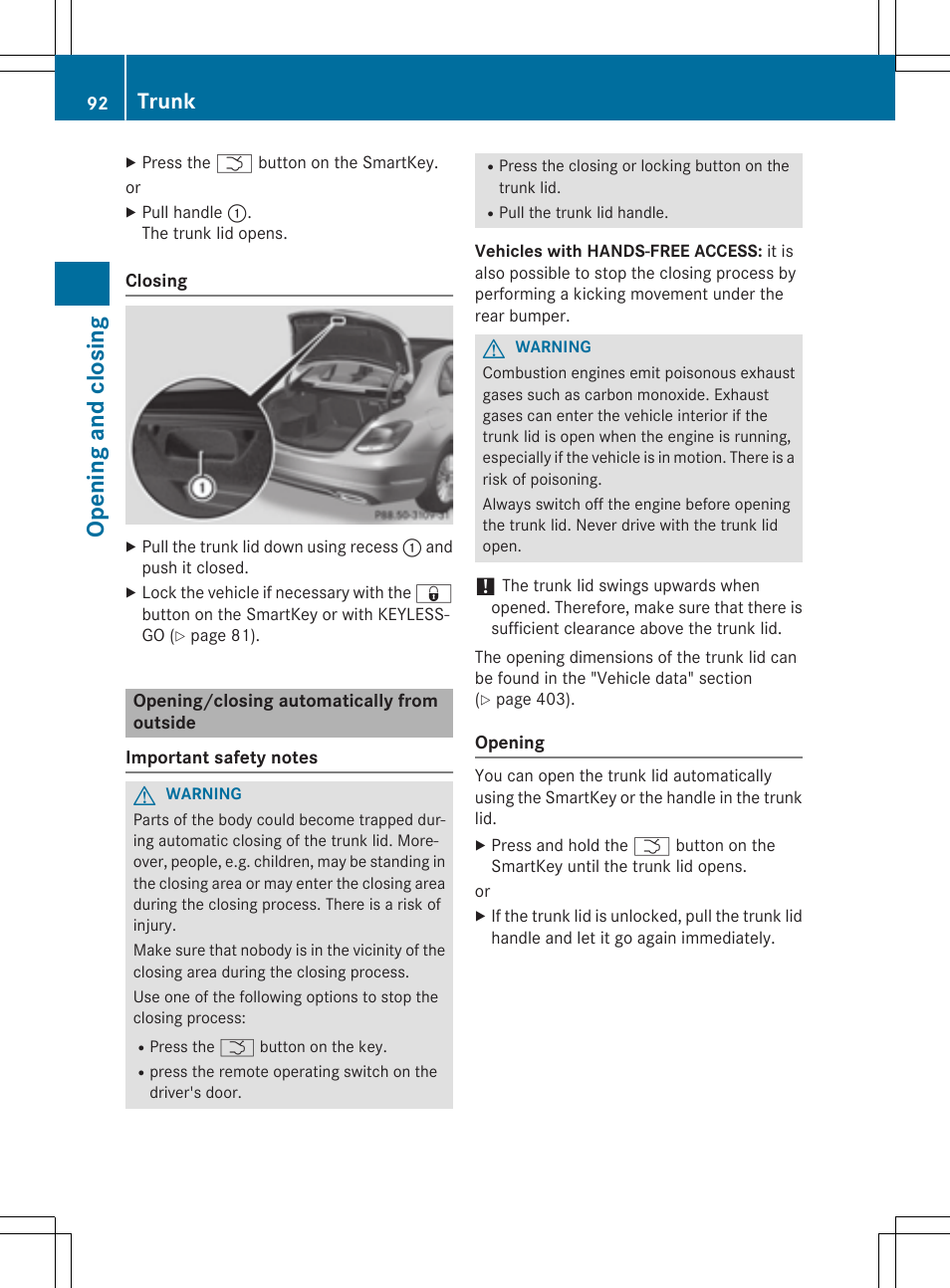 Opening and closing, Trunk | Mercedes-Benz C-Sedan 2015 Owners Manual User Manual | Page 94 / 406