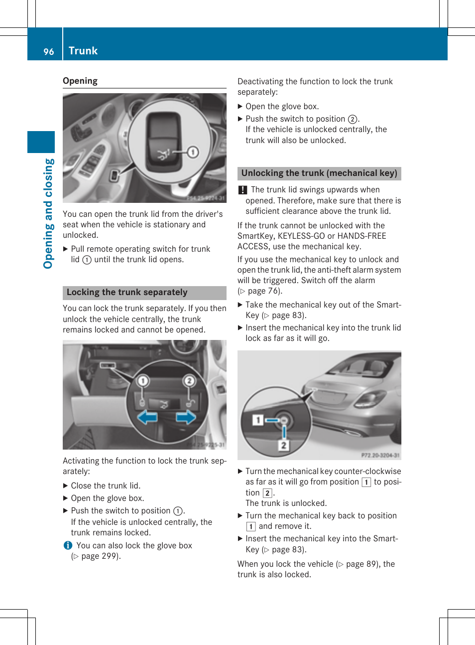 Opening and closi ng, Trunk | Mercedes-Benz C-Sedan 2015 Owners Manual User Manual | Page 98 / 406