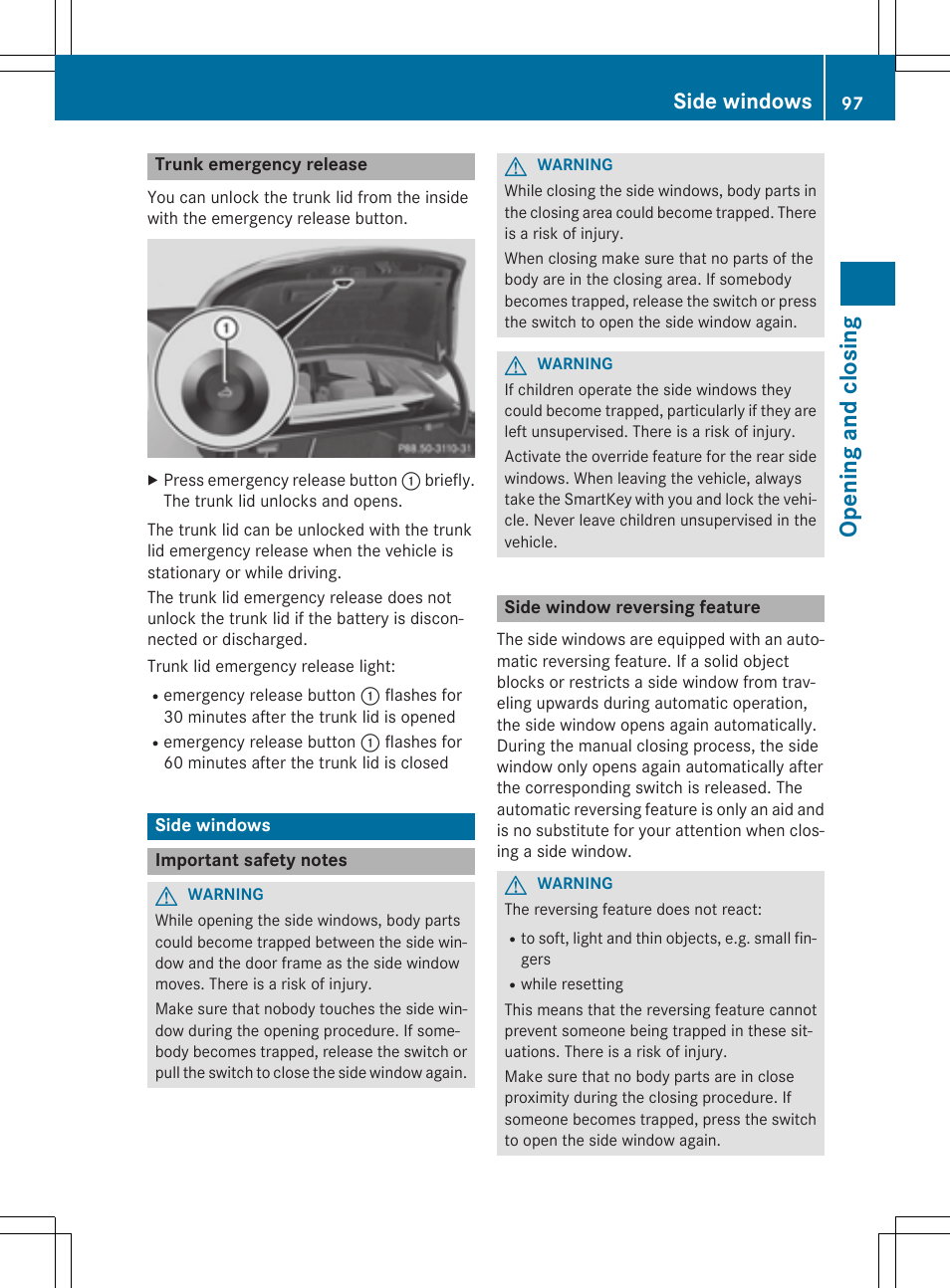Op enin g an d cl os in g, Side windows | Mercedes-Benz C-Sedan 2015 Owners Manual User Manual | Page 99 / 406