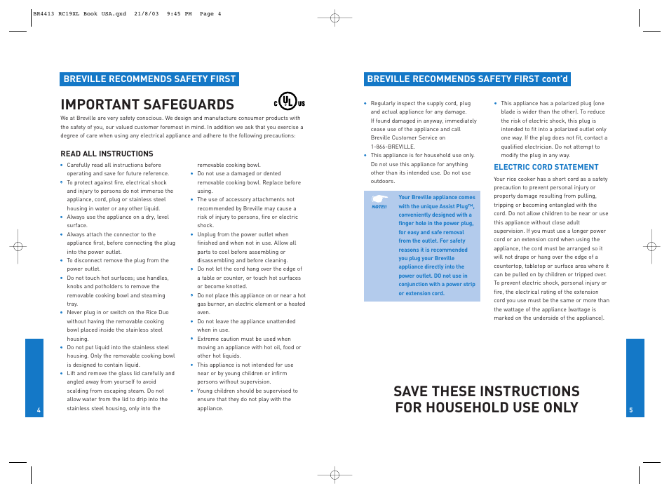 Important safeguards, Save these instructions for household use only, Breville recommends safety first cont’d | Breville recommends safety first | Breville RC19XL User Manual | Page 3 / 28