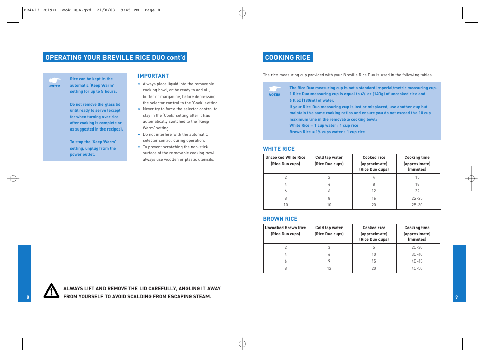 Operating your breville rice duo cont’d, Cooking rice | Breville RC19XL User Manual | Page 5 / 28