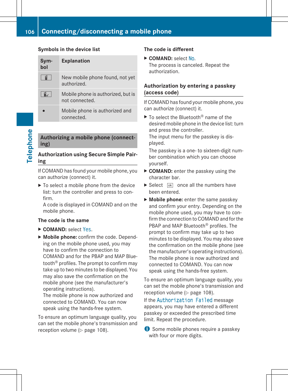 Telephone, Connecting/disconnecting a mobile phone | Mercedes-Benz C-Sedan 2015 COMAND Manual User Manual | Page 108 / 214