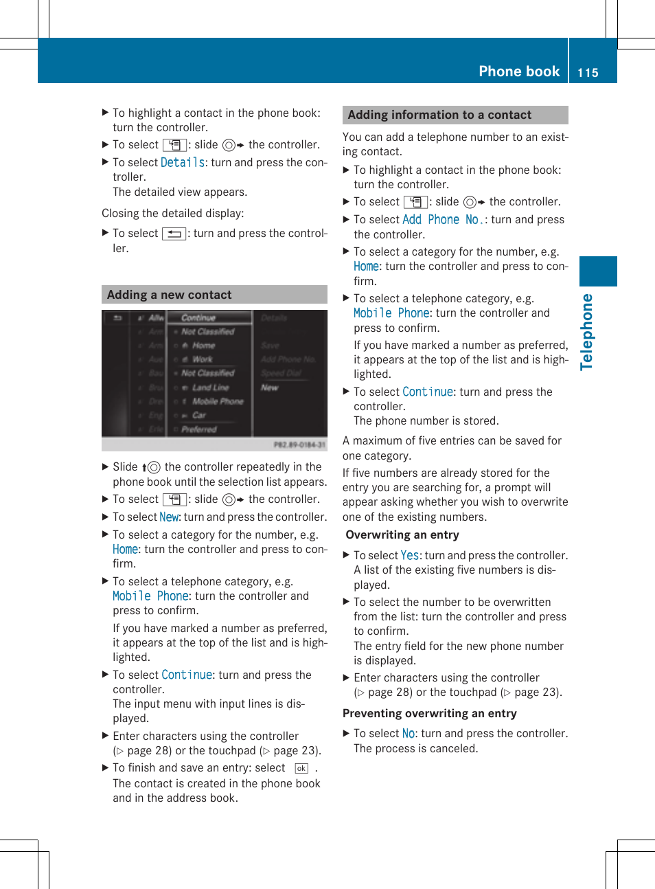 Telephone, Phone book | Mercedes-Benz C-Sedan 2015 COMAND Manual User Manual | Page 117 / 214