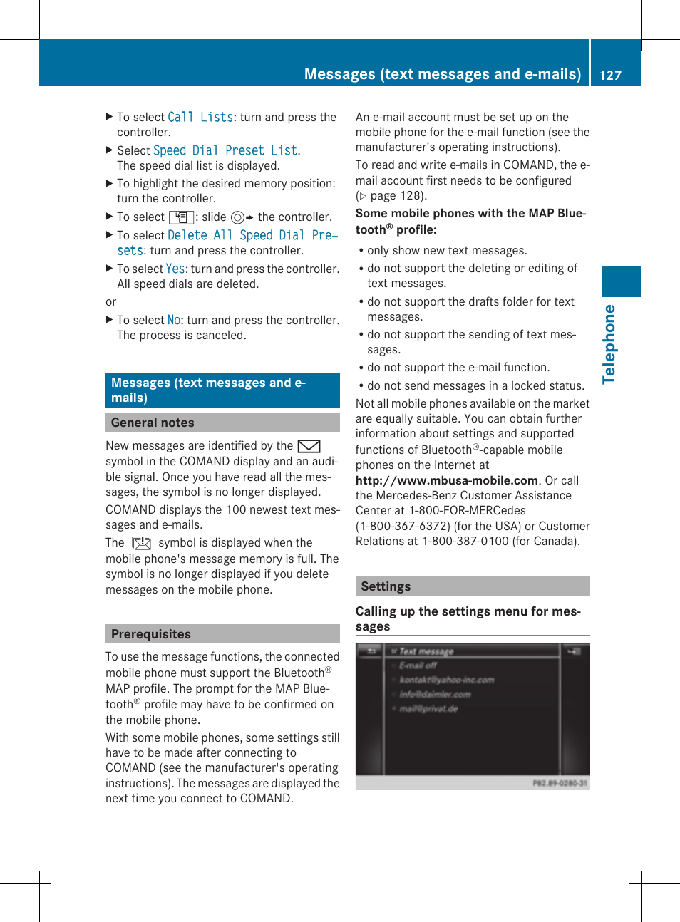Tele phone, Messages (text messages and e-mails) | Mercedes-Benz C-Sedan 2015 COMAND Manual User Manual | Page 129 / 214