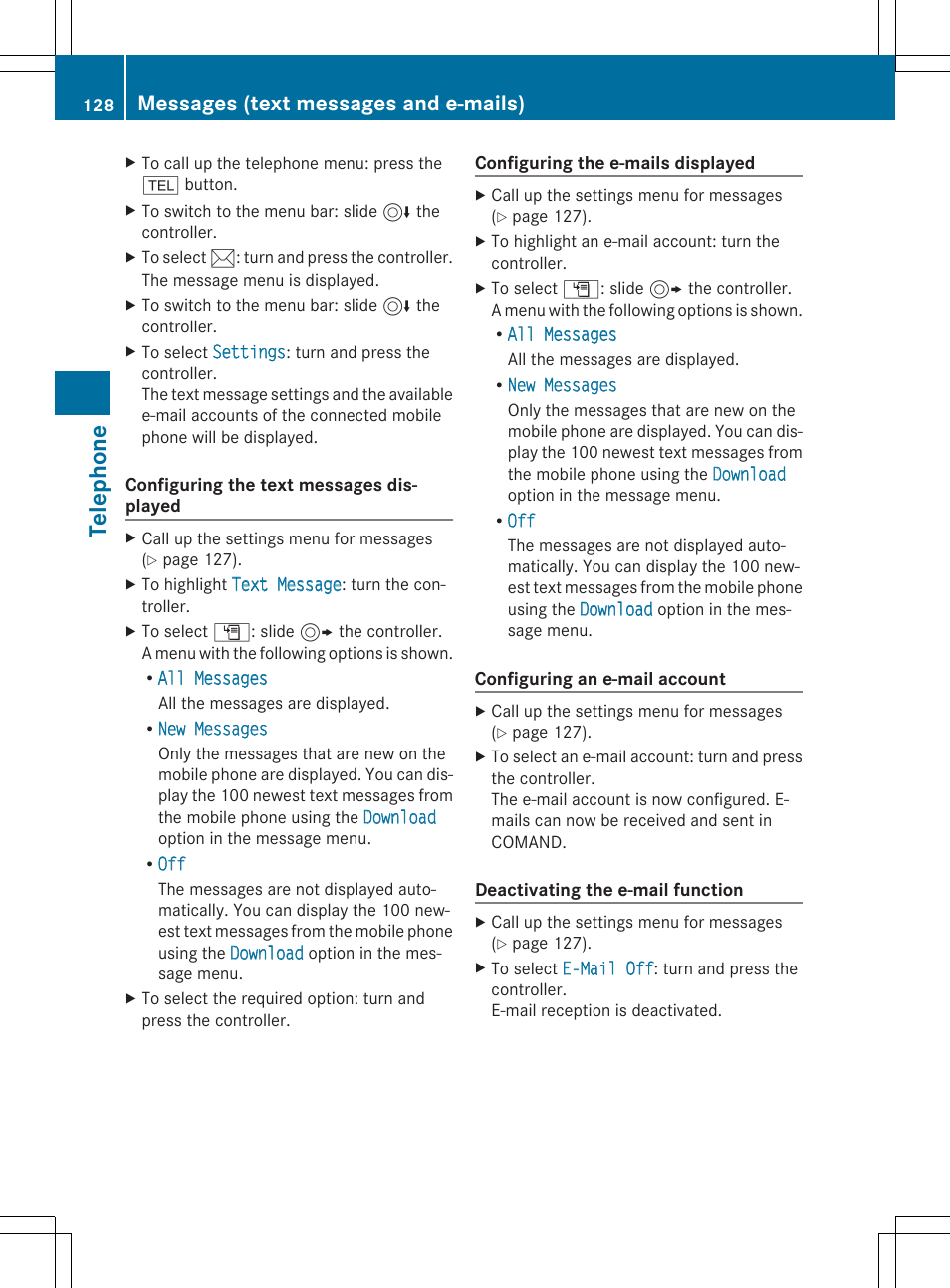 Telephone, Messages (text messages and e-mails) | Mercedes-Benz C-Sedan 2015 COMAND Manual User Manual | Page 130 / 214