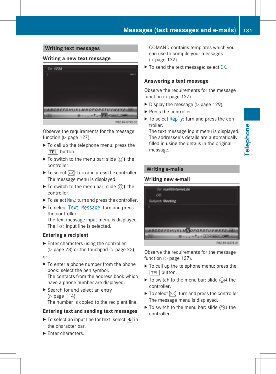 Tele phone, Messages (text messages and e-mails) | Mercedes-Benz C-Sedan 2015 COMAND Manual User Manual | Page 133 / 214