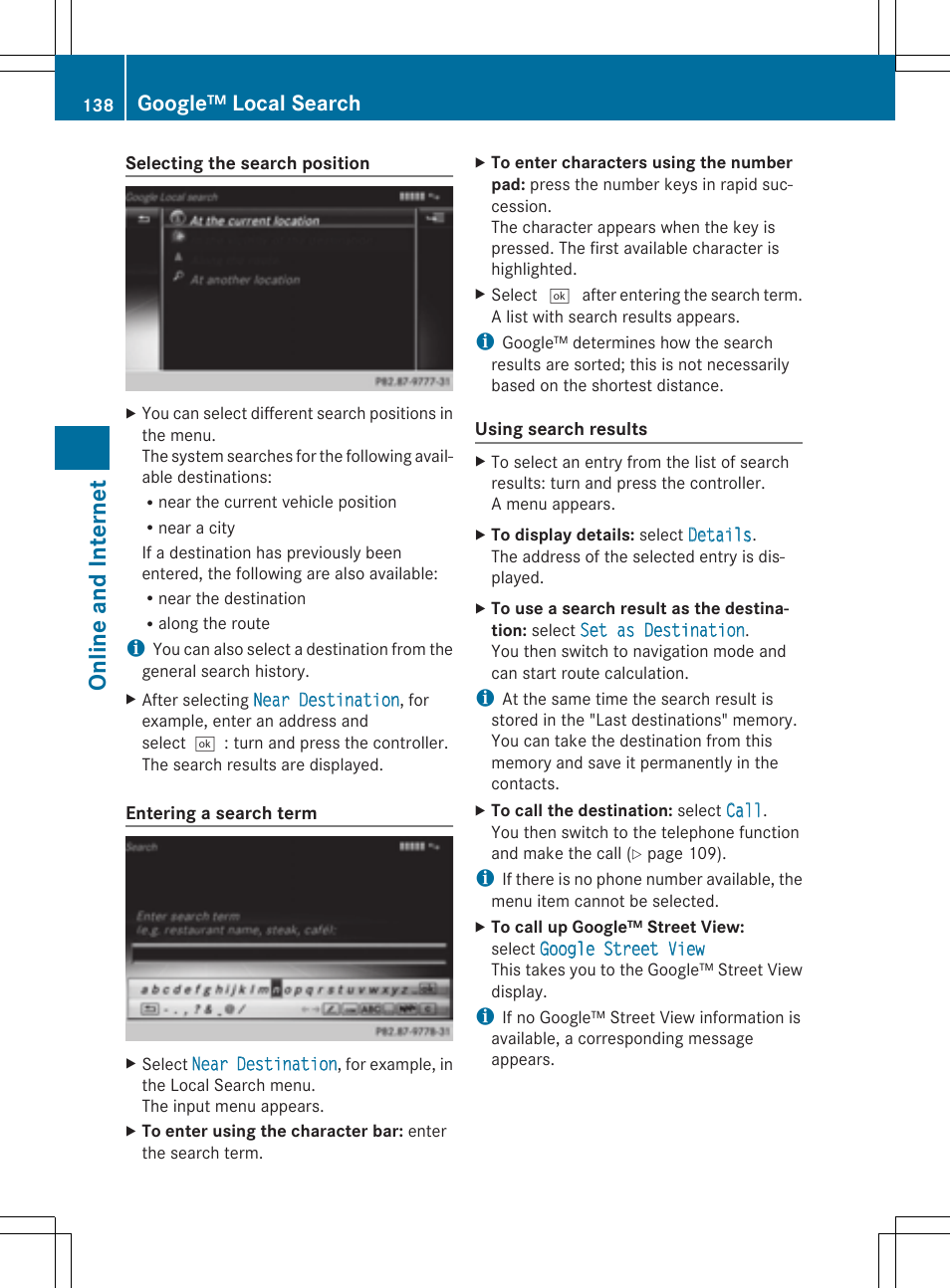 Online and internet, Google™ local search | Mercedes-Benz C-Sedan 2015 COMAND Manual User Manual | Page 140 / 214