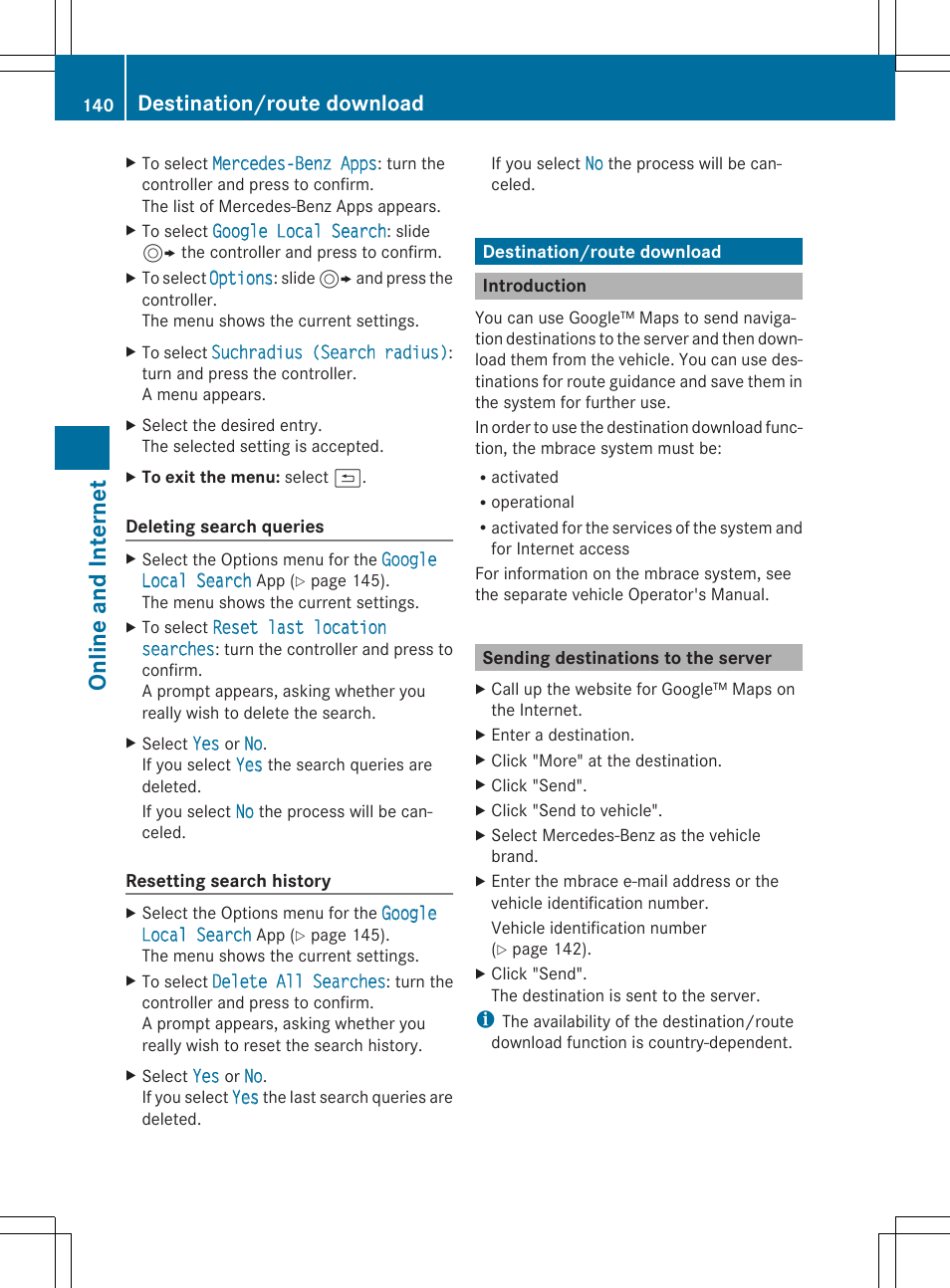 Online and internet, Destination/route download | Mercedes-Benz C-Sedan 2015 COMAND Manual User Manual | Page 142 / 214