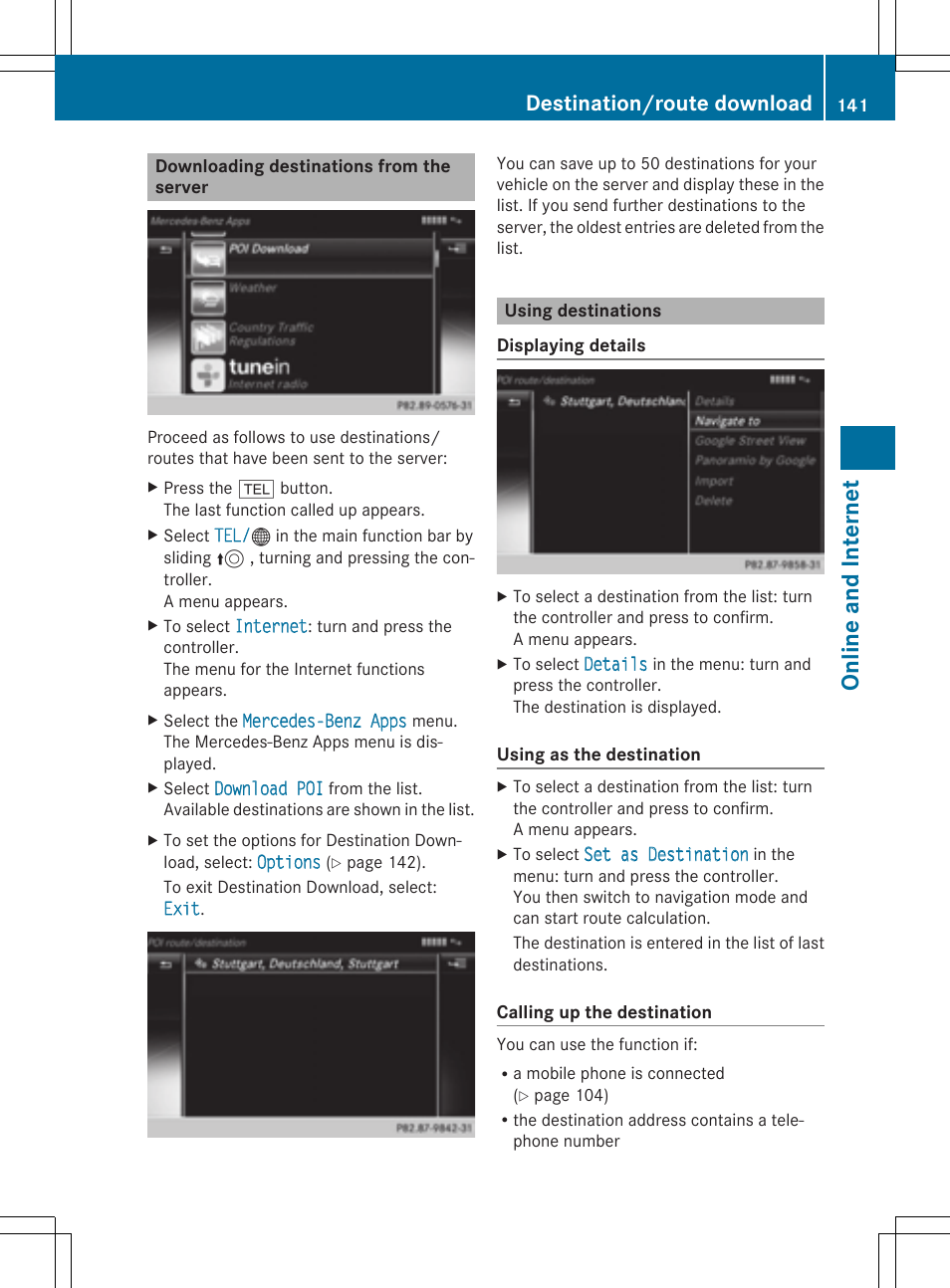 Onlin e an d int er net, Destination/route download | Mercedes-Benz C-Sedan 2015 COMAND Manual User Manual | Page 143 / 214