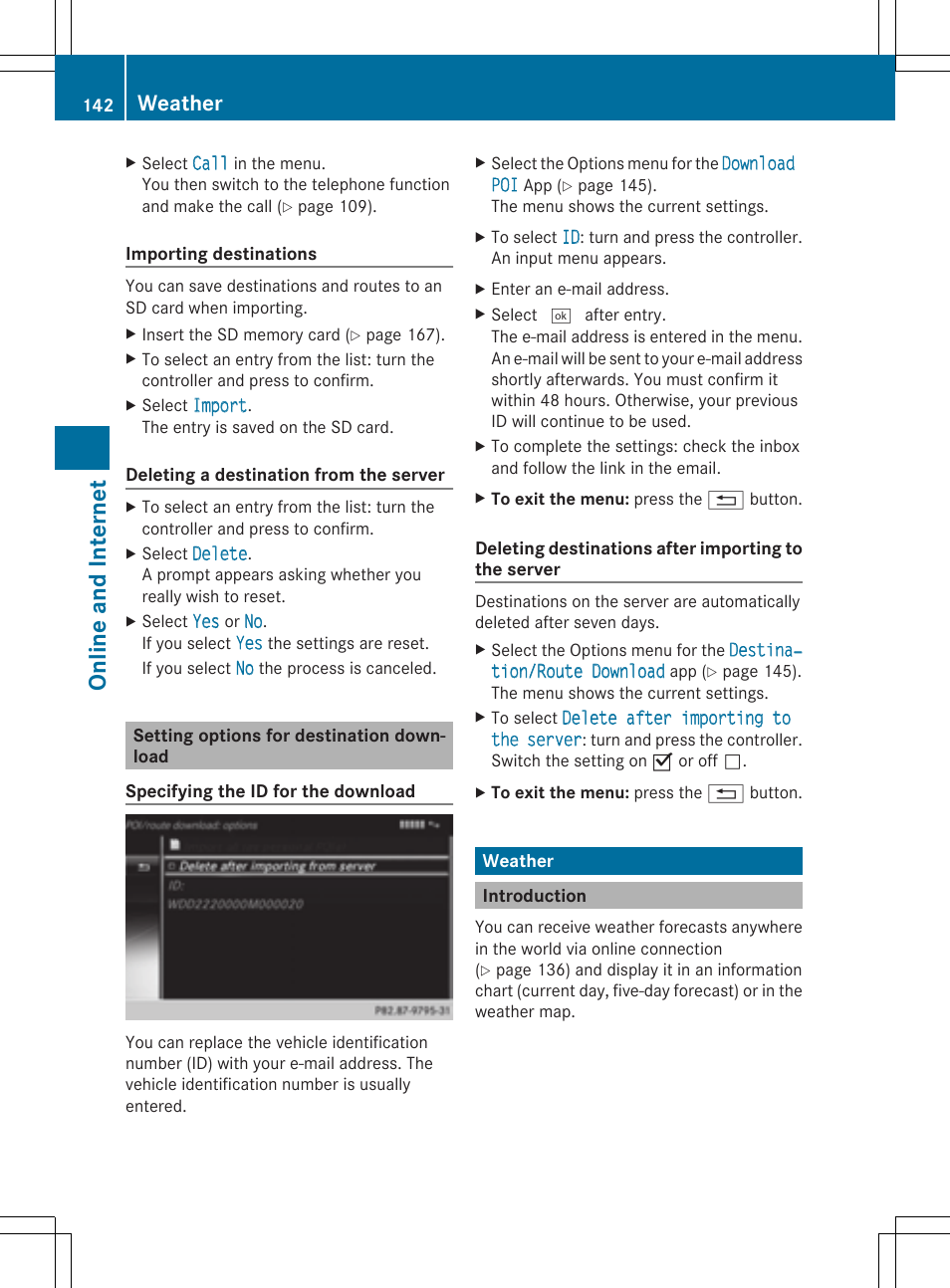On line and in terne t, Weather | Mercedes-Benz C-Sedan 2015 COMAND Manual User Manual | Page 144 / 214