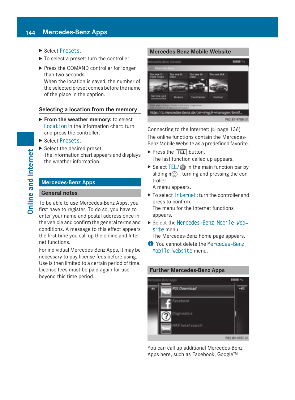 On line and in terne t, Mercedes-benz apps | Mercedes-Benz C-Sedan 2015 COMAND Manual User Manual | Page 146 / 214