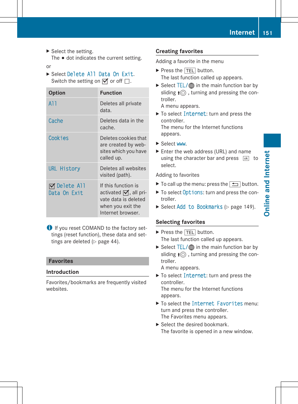 On line and in terne t, Internet | Mercedes-Benz C-Sedan 2015 COMAND Manual User Manual | Page 153 / 214