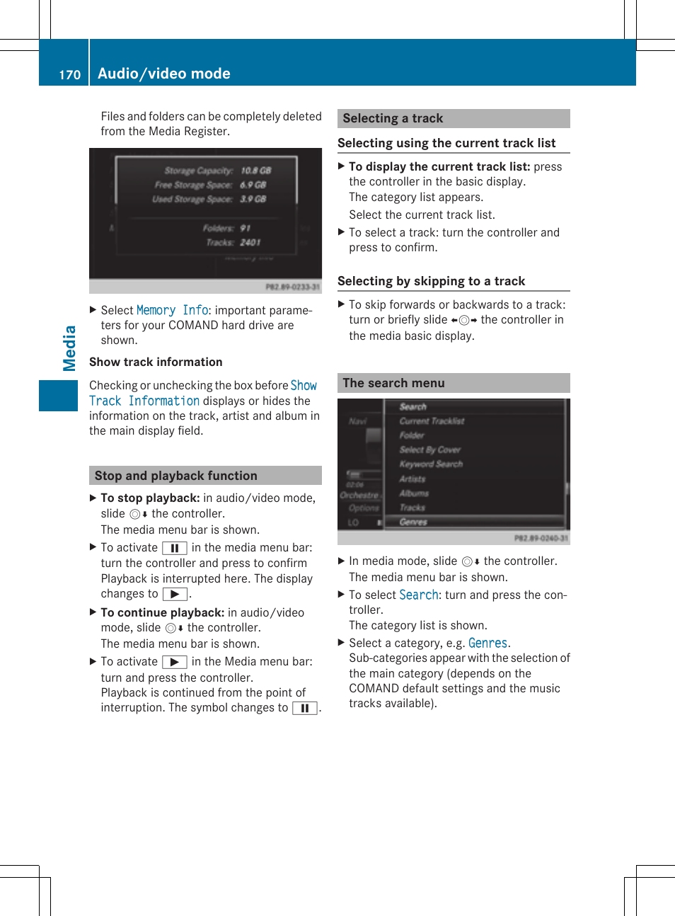 Medi a, Audio/video mode | Mercedes-Benz C-Sedan 2015 COMAND Manual User Manual | Page 172 / 214
