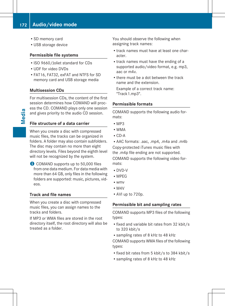 Medi a, Audio/video mode | Mercedes-Benz C-Sedan 2015 COMAND Manual User Manual | Page 174 / 214