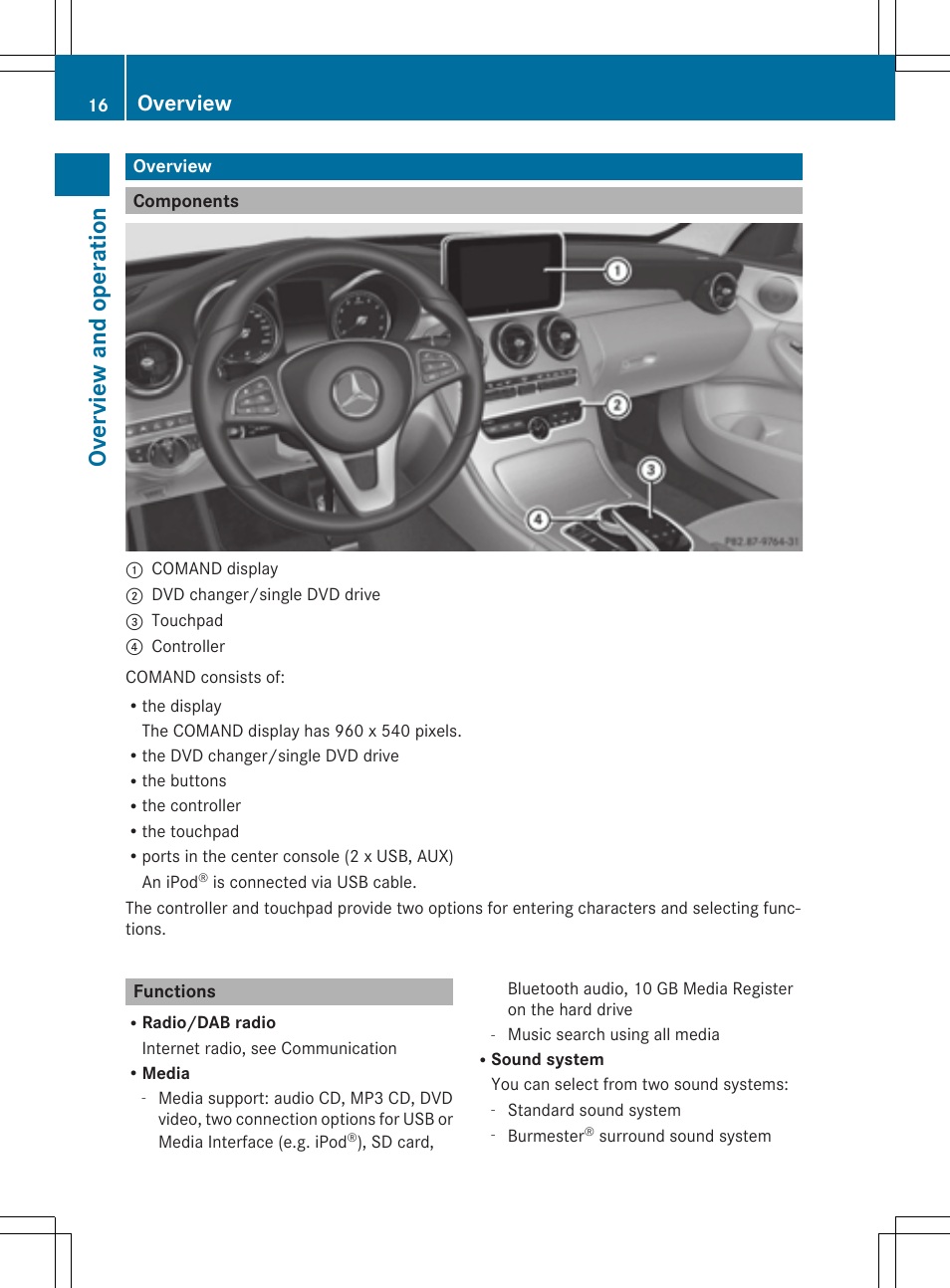 Overview and opera tion, Overview | Mercedes-Benz C-Sedan 2015 COMAND Manual User Manual | Page 18 / 214
