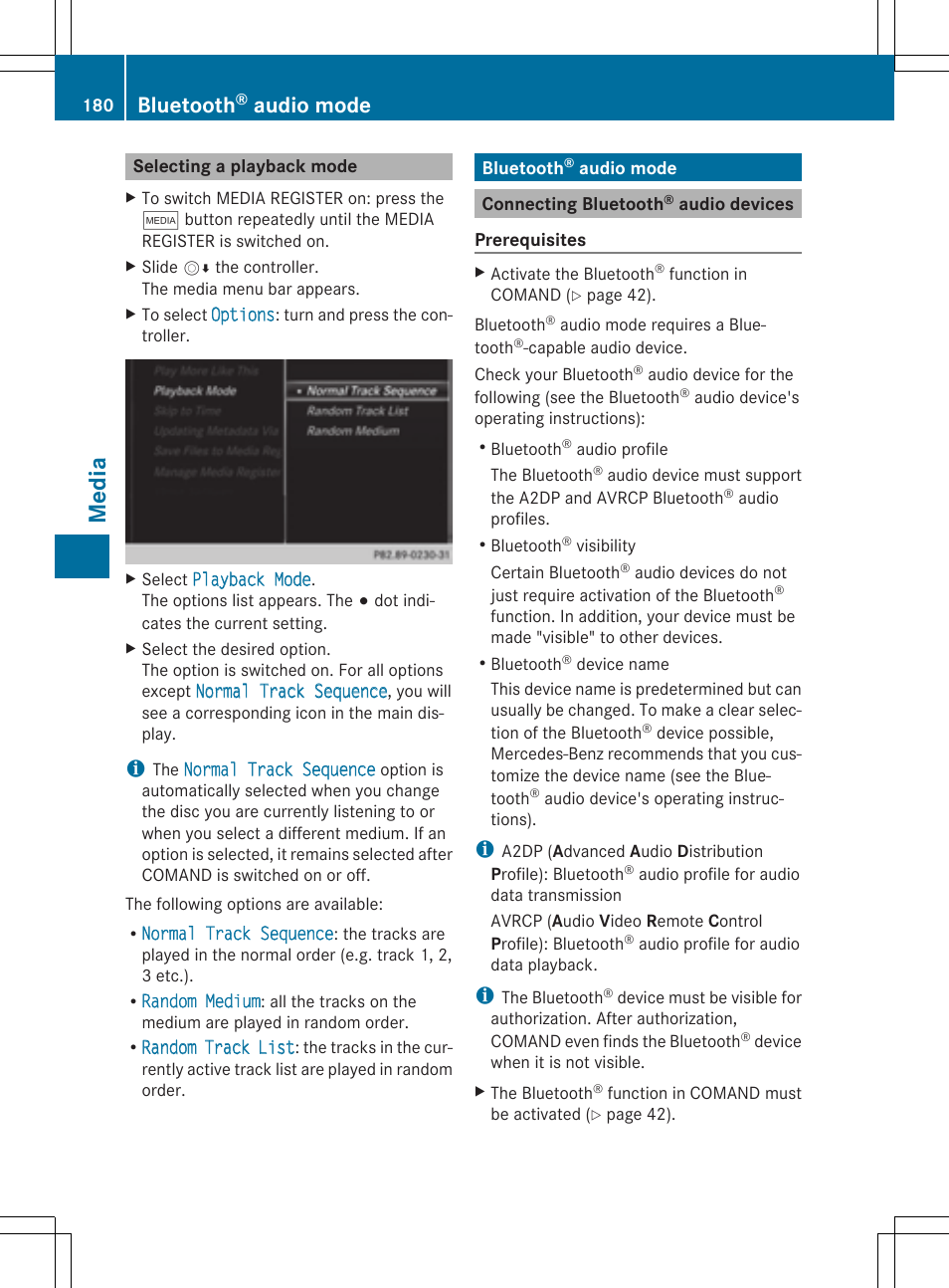 Media, Bluetooth, Audio mode | Mercedes-Benz C-Sedan 2015 COMAND Manual User Manual | Page 182 / 214