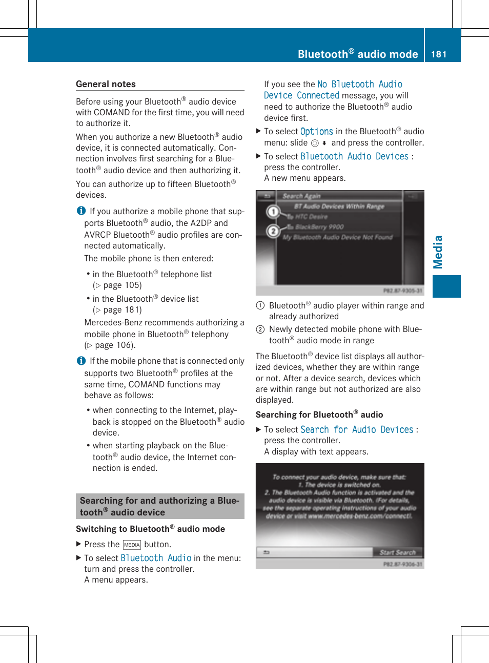 Media, Bluetooth, Audio mode | Mercedes-Benz C-Sedan 2015 COMAND Manual User Manual | Page 183 / 214