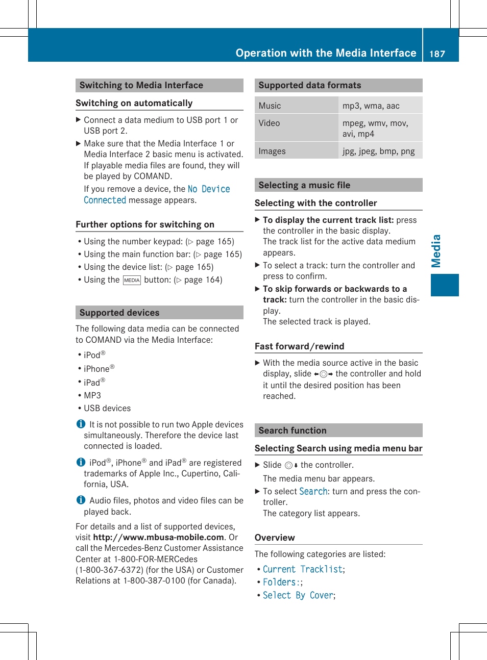 Media, Operation with the media interface | Mercedes-Benz C-Sedan 2015 COMAND Manual User Manual | Page 189 / 214