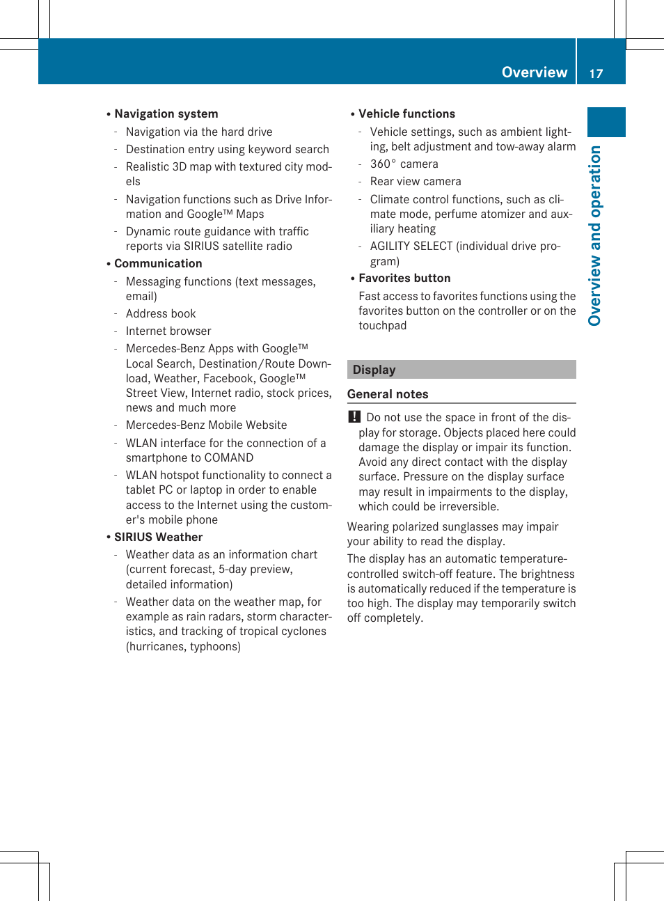 Ov erv ie w an d ope ratio n, Overview | Mercedes-Benz C-Sedan 2015 COMAND Manual User Manual | Page 19 / 214