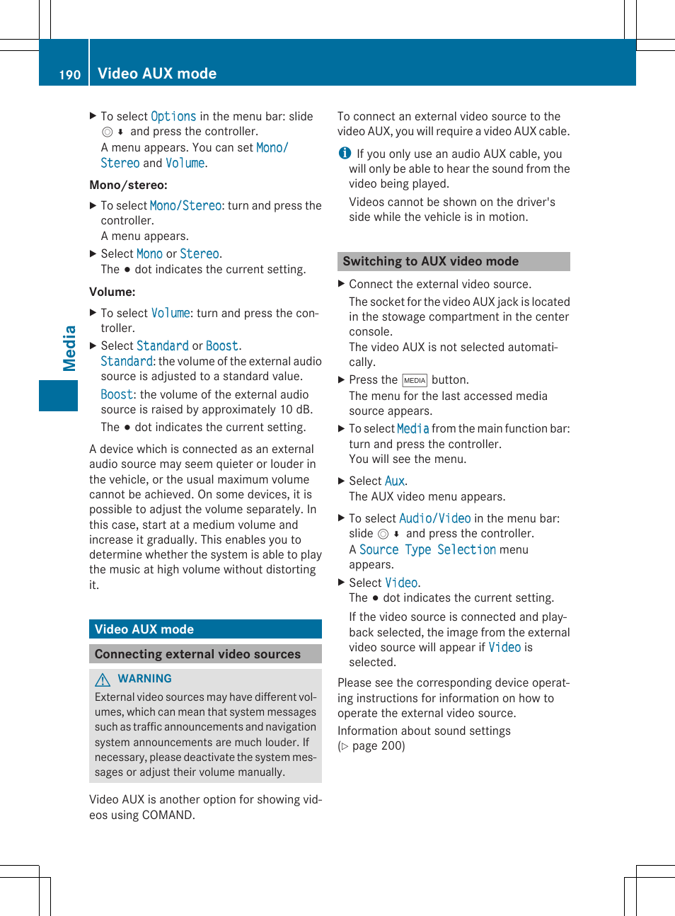 Media, Video aux mode | Mercedes-Benz C-Sedan 2015 COMAND Manual User Manual | Page 192 / 214