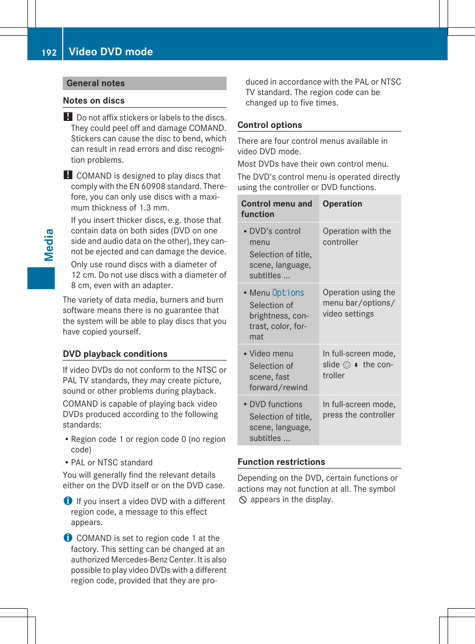 Media, Video dvd mode | Mercedes-Benz C-Sedan 2015 COMAND Manual User Manual | Page 194 / 214