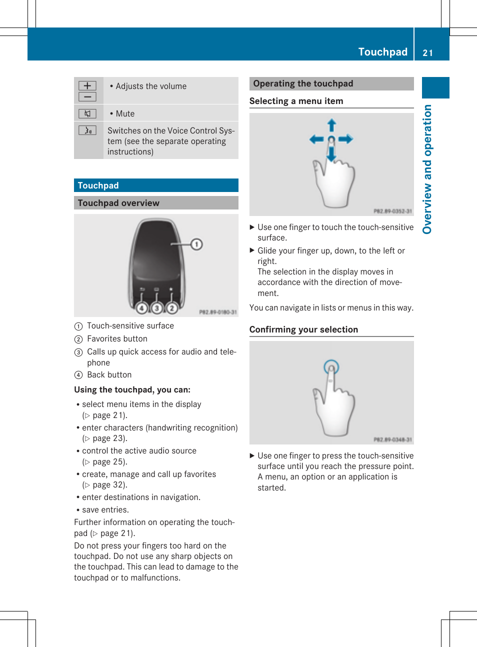 Ov erv ie w an d ope ratio n, Touchpad | Mercedes-Benz C-Sedan 2015 COMAND Manual User Manual | Page 23 / 214