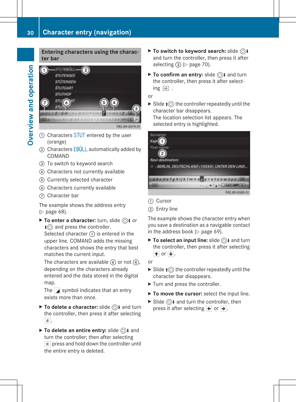 Over view and oper at ion, Character entry (navigation) | Mercedes-Benz C-Sedan 2015 COMAND Manual User Manual | Page 32 / 214
