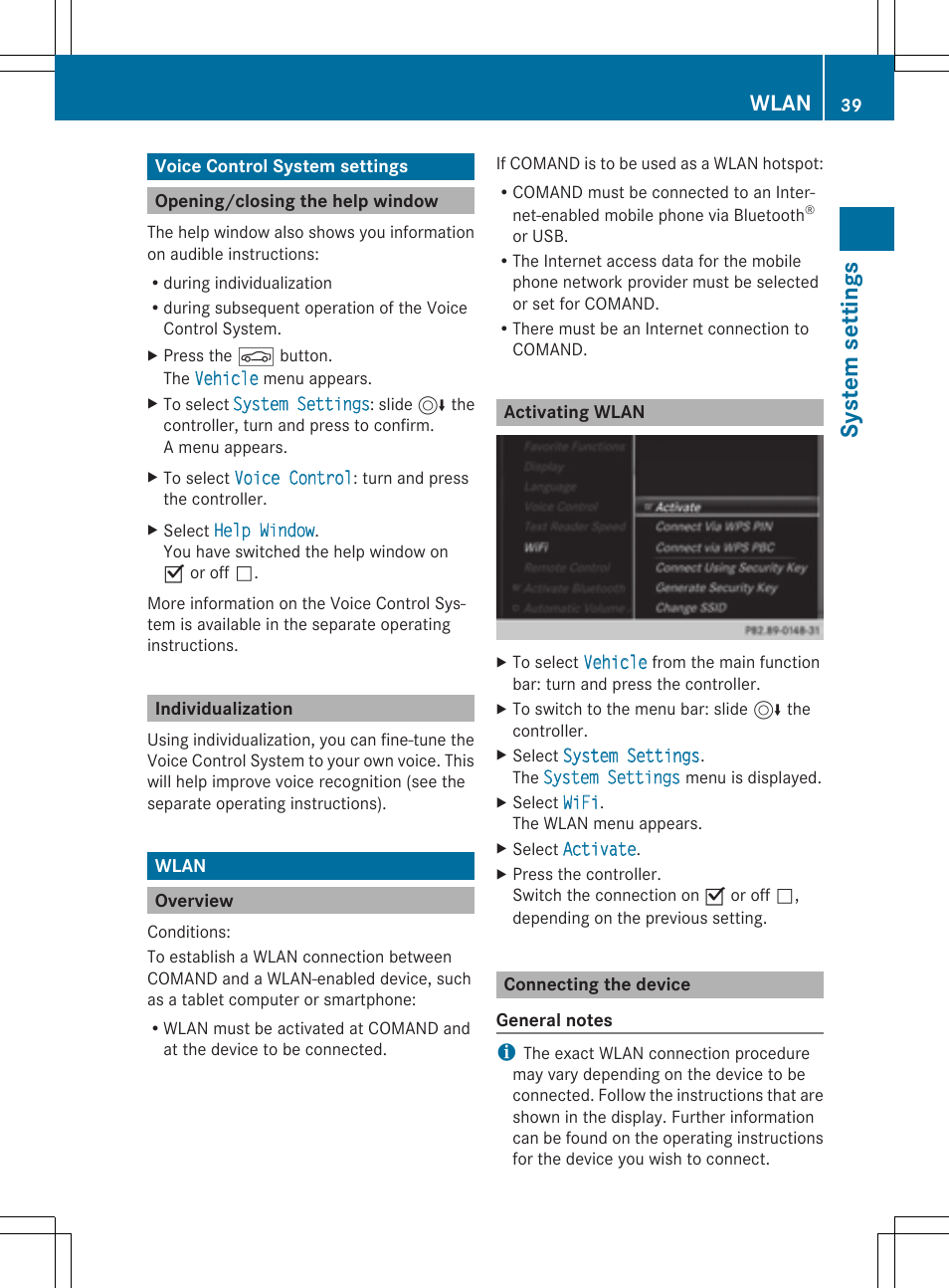 Sys tem se tting s, Wlan | Mercedes-Benz C-Sedan 2015 COMAND Manual User Manual | Page 41 / 214