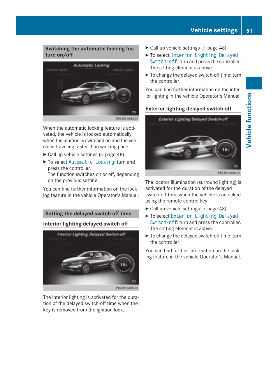 Vehicle functions, Vehicle settings | Mercedes-Benz C-Sedan 2015 COMAND Manual User Manual | Page 53 / 214