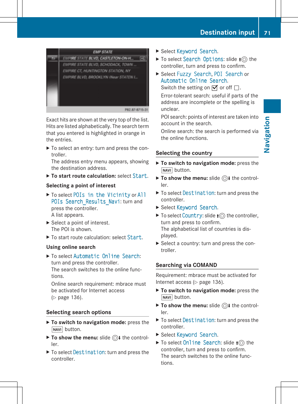 Navi ga tio n, Destination input | Mercedes-Benz C-Sedan 2015 COMAND Manual User Manual | Page 73 / 214