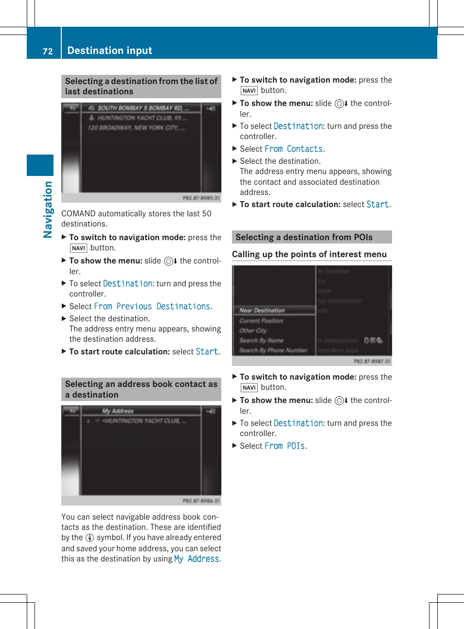 Navigation, Destination input | Mercedes-Benz C-Sedan 2015 COMAND Manual User Manual | Page 74 / 214
