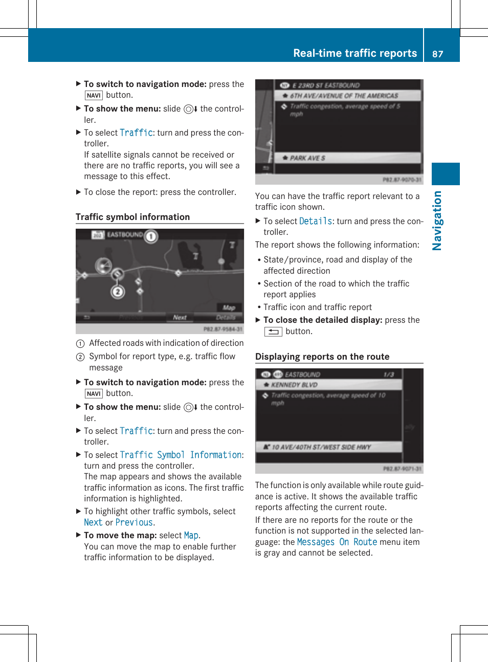 Navi gati on, Real-time traffic reports | Mercedes-Benz C-Sedan 2015 COMAND Manual User Manual | Page 89 / 214