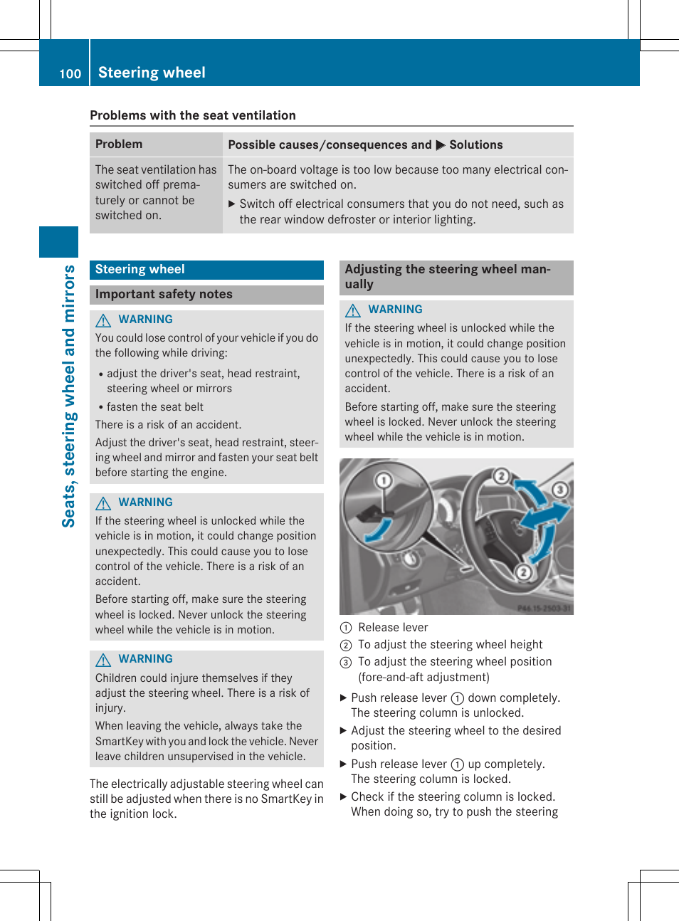 Seats, steering wheel and mirrors, Steering wheel | Mercedes-Benz C-Coupe 2015 Owners Manual User Manual | Page 102 / 354