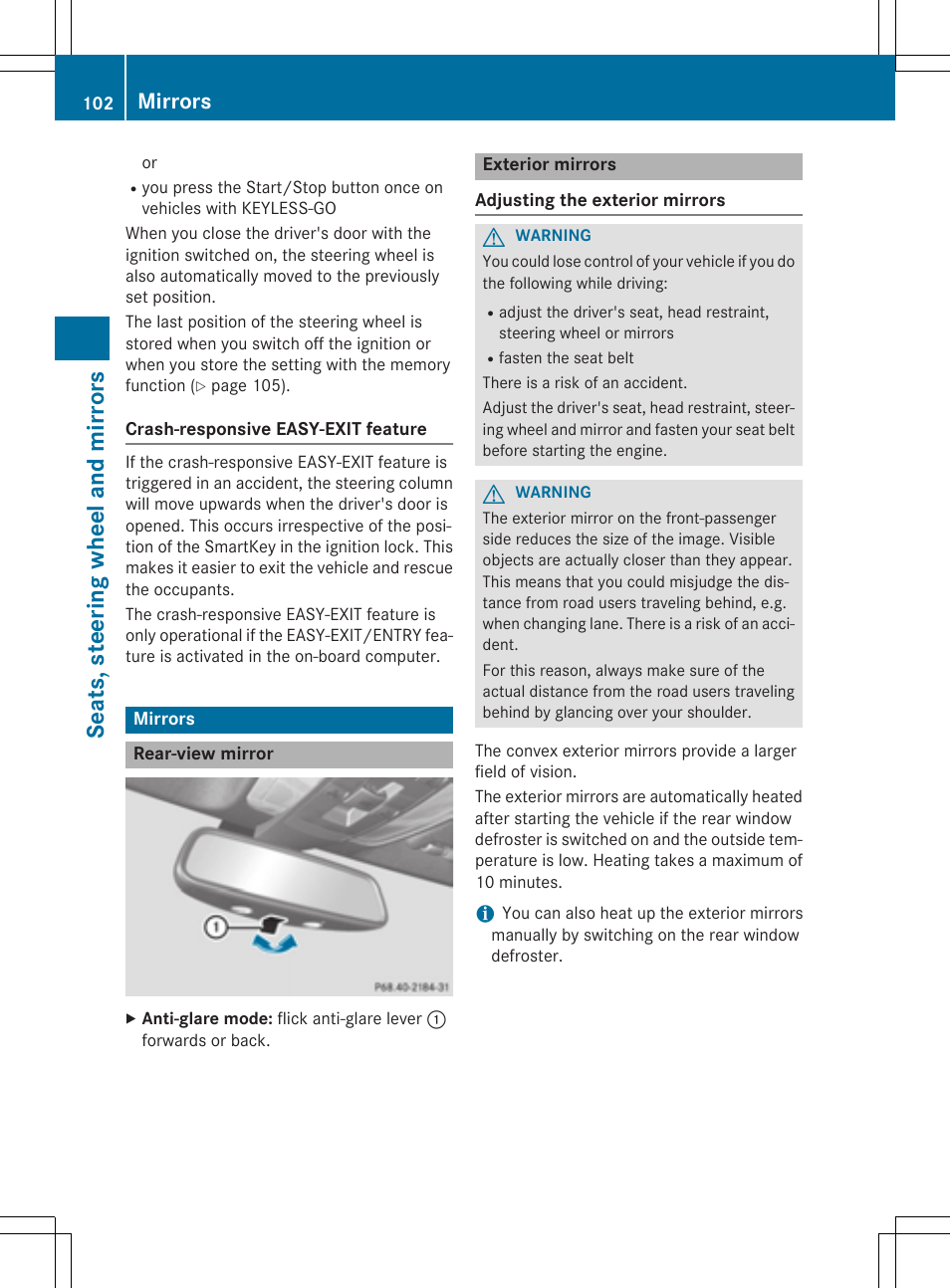 Seats, steering wheel and mirrors, Mirrors | Mercedes-Benz C-Coupe 2015 Owners Manual User Manual | Page 104 / 354