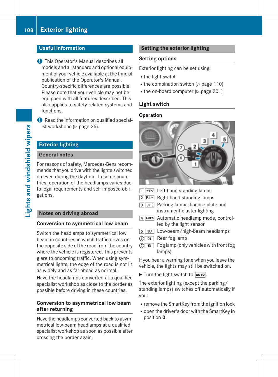 Lights and windshield wipers, Exterior lighting | Mercedes-Benz C-Coupe 2015 Owners Manual User Manual | Page 110 / 354