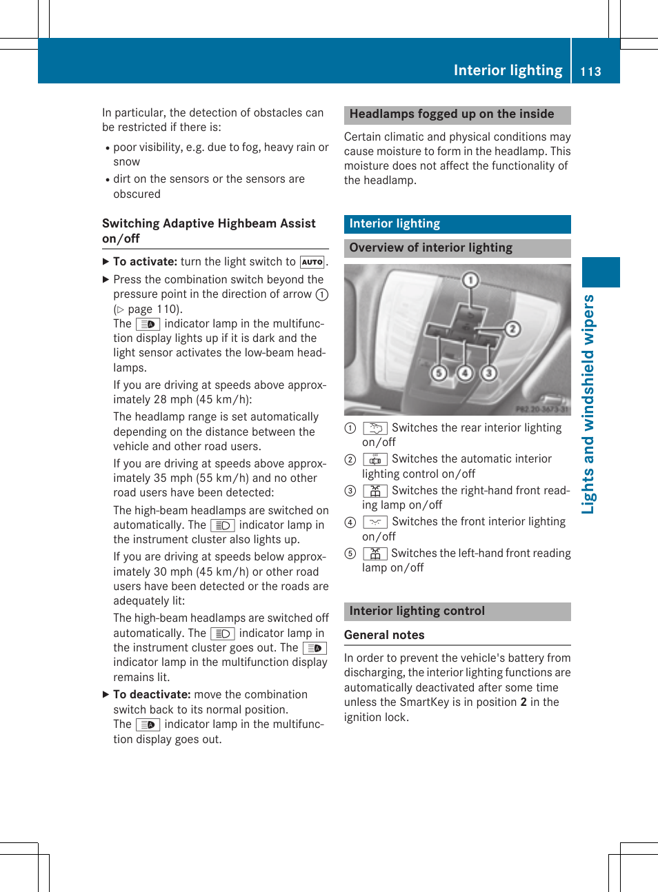 Lights and windshield wipers, Interior lighting | Mercedes-Benz C-Coupe 2015 Owners Manual User Manual | Page 115 / 354