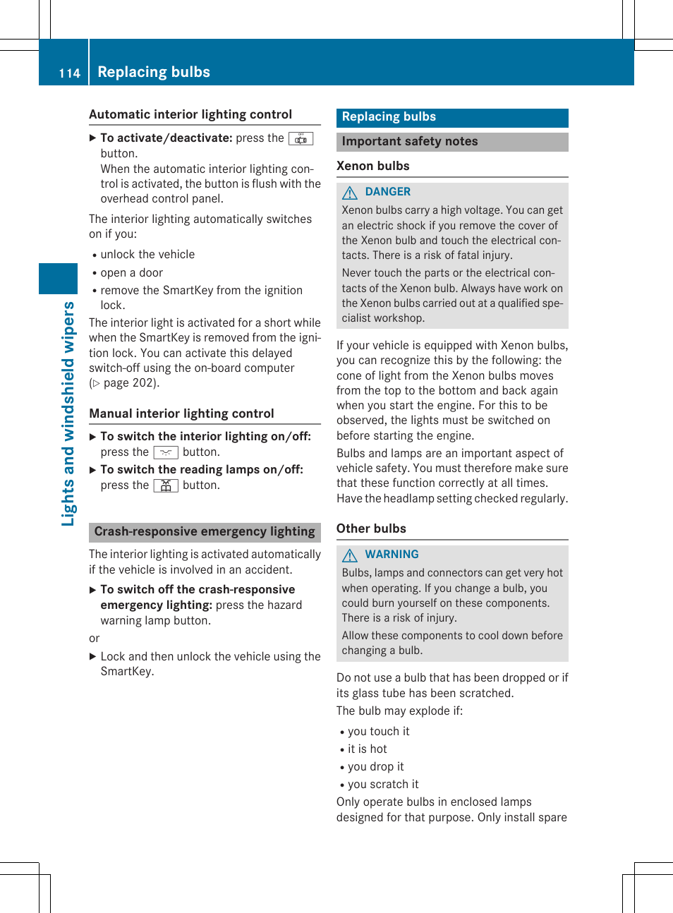 Light s and wind shi eld wiper s, Replacing bulbs | Mercedes-Benz C-Coupe 2015 Owners Manual User Manual | Page 116 / 354