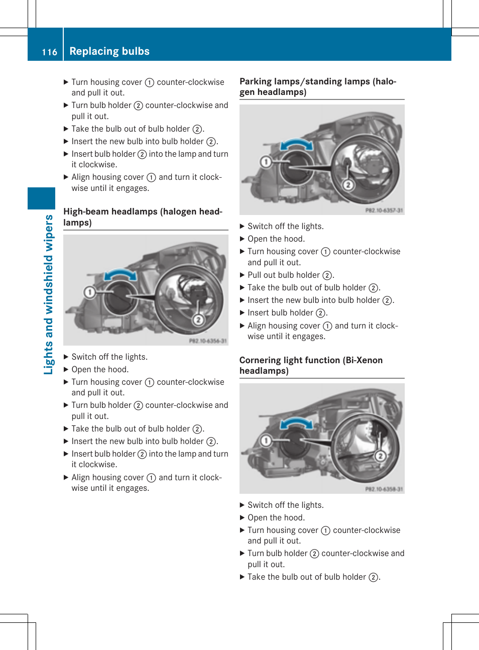 Lights and windshield wipers, Replacing bulbs | Mercedes-Benz C-Coupe 2015 Owners Manual User Manual | Page 118 / 354