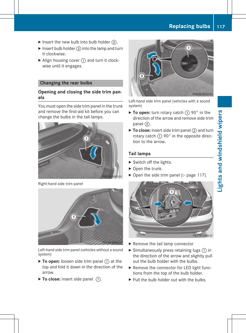 Lights and windshield wipers, Replacing bulbs | Mercedes-Benz C-Coupe 2015 Owners Manual User Manual | Page 119 / 354