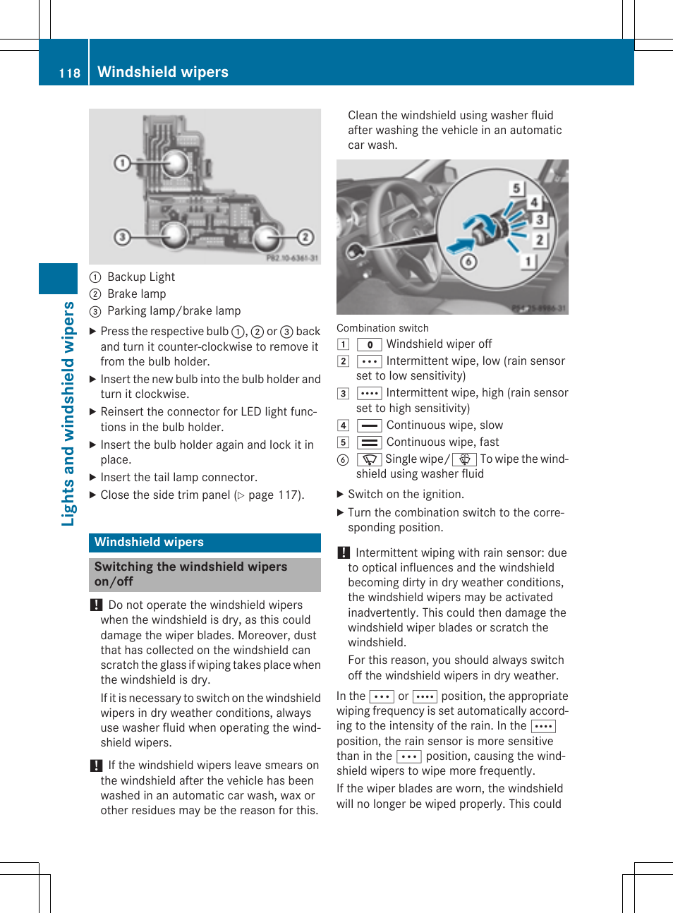 Lights and windshi eld wipers, Windshield wipers | Mercedes-Benz C-Coupe 2015 Owners Manual User Manual | Page 120 / 354