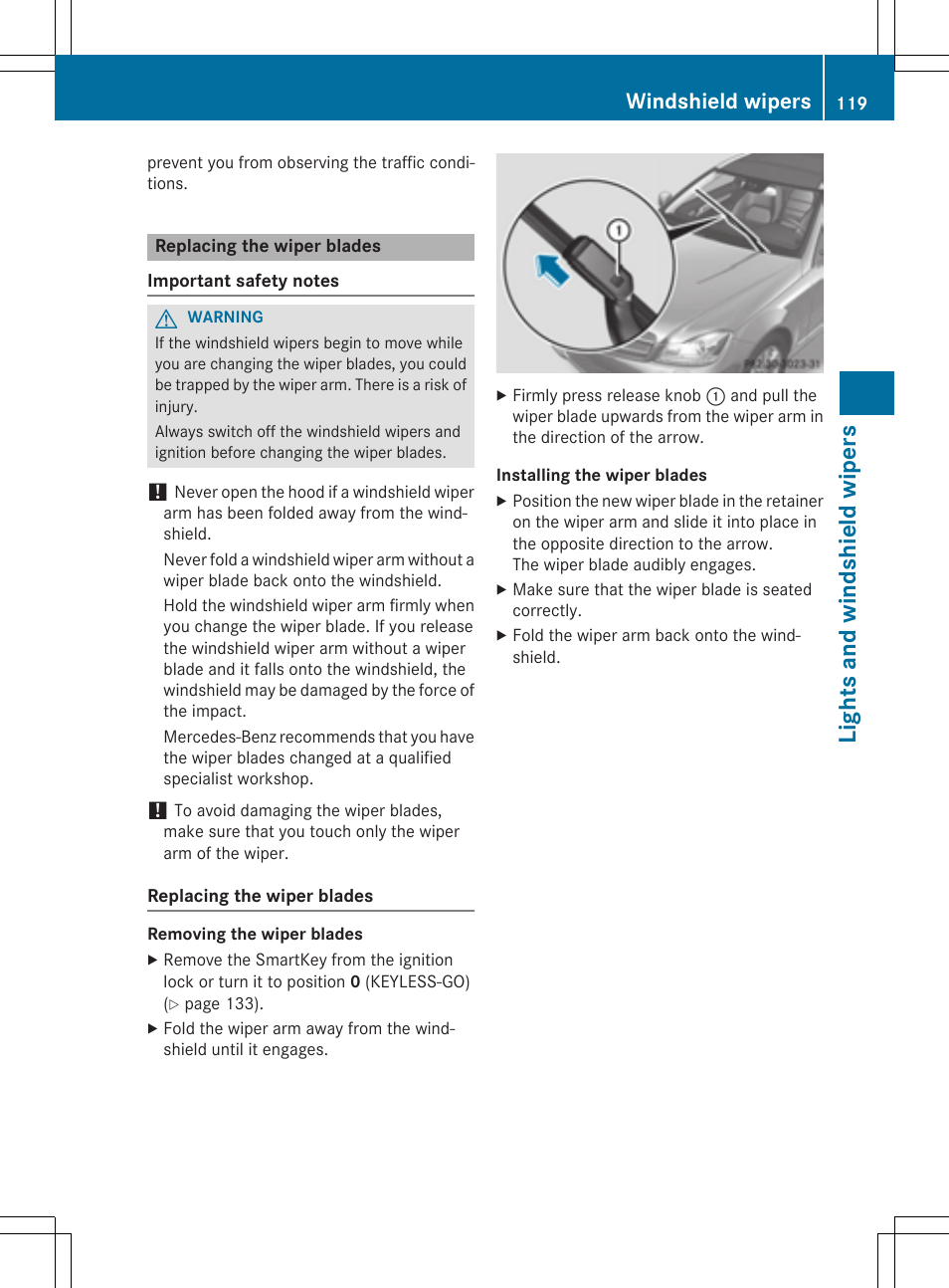 Lights and windshield wipers, Windshield wipers | Mercedes-Benz C-Coupe 2015 Owners Manual User Manual | Page 121 / 354