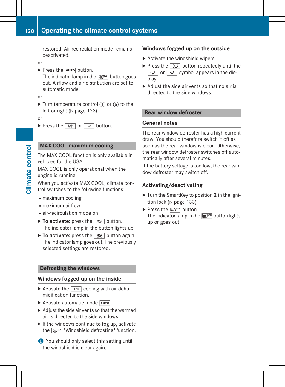 Climate control, Operating the climate control systems | Mercedes-Benz C-Coupe 2015 Owners Manual User Manual | Page 130 / 354