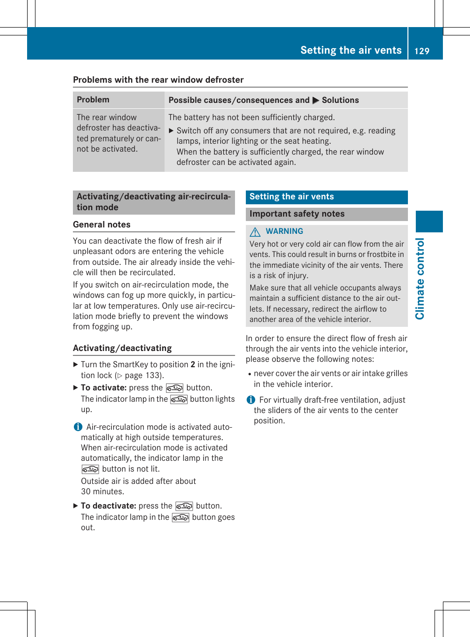 Climate control, Setting the air vents | Mercedes-Benz C-Coupe 2015 Owners Manual User Manual | Page 131 / 354