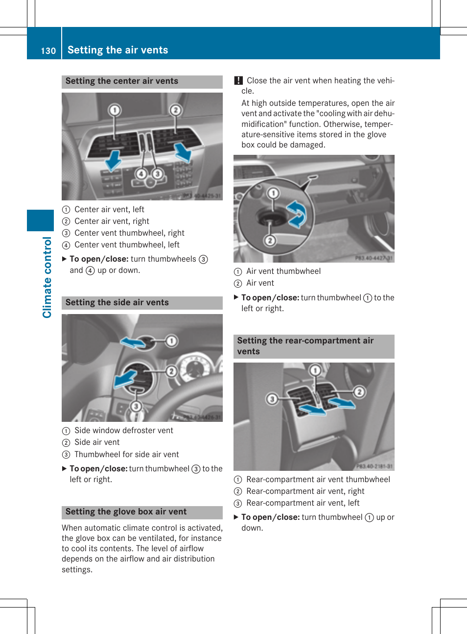 Climate control, Setting the air vents | Mercedes-Benz C-Coupe 2015 Owners Manual User Manual | Page 132 / 354