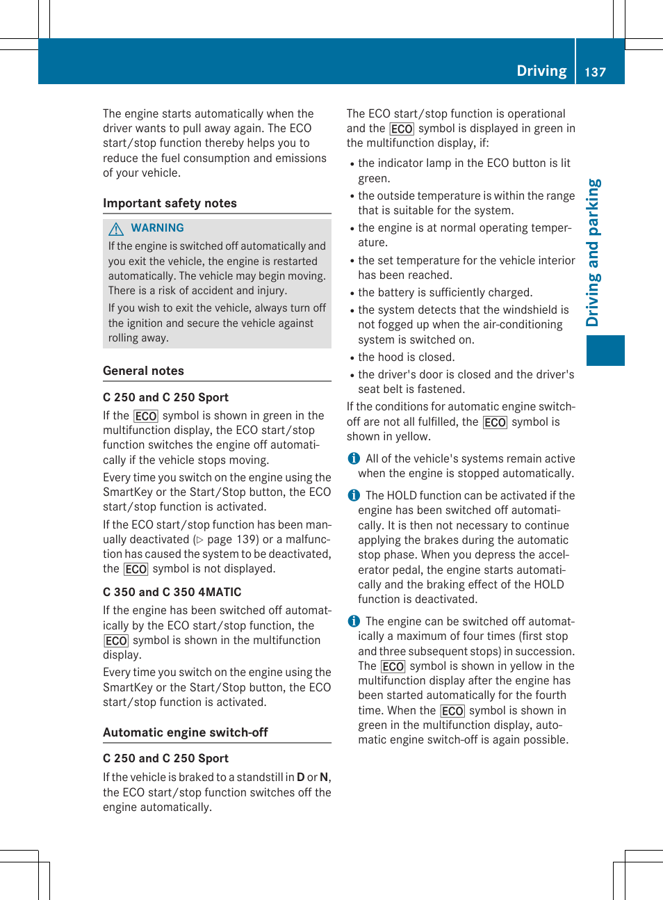 Driving and parking, Driving | Mercedes-Benz C-Coupe 2015 Owners Manual User Manual | Page 139 / 354