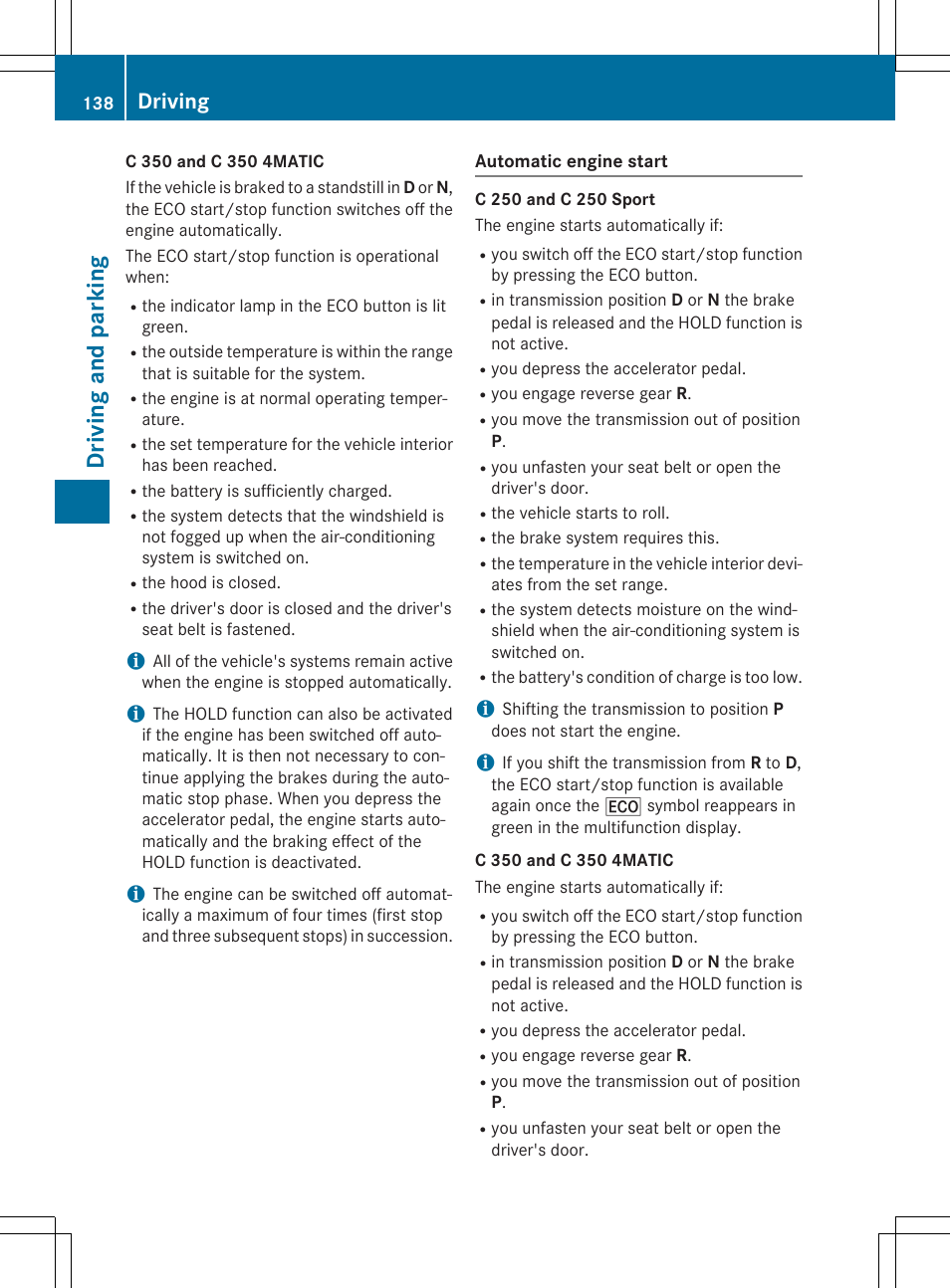 Driv ing and pa rk ing, Driving | Mercedes-Benz C-Coupe 2015 Owners Manual User Manual | Page 140 / 354