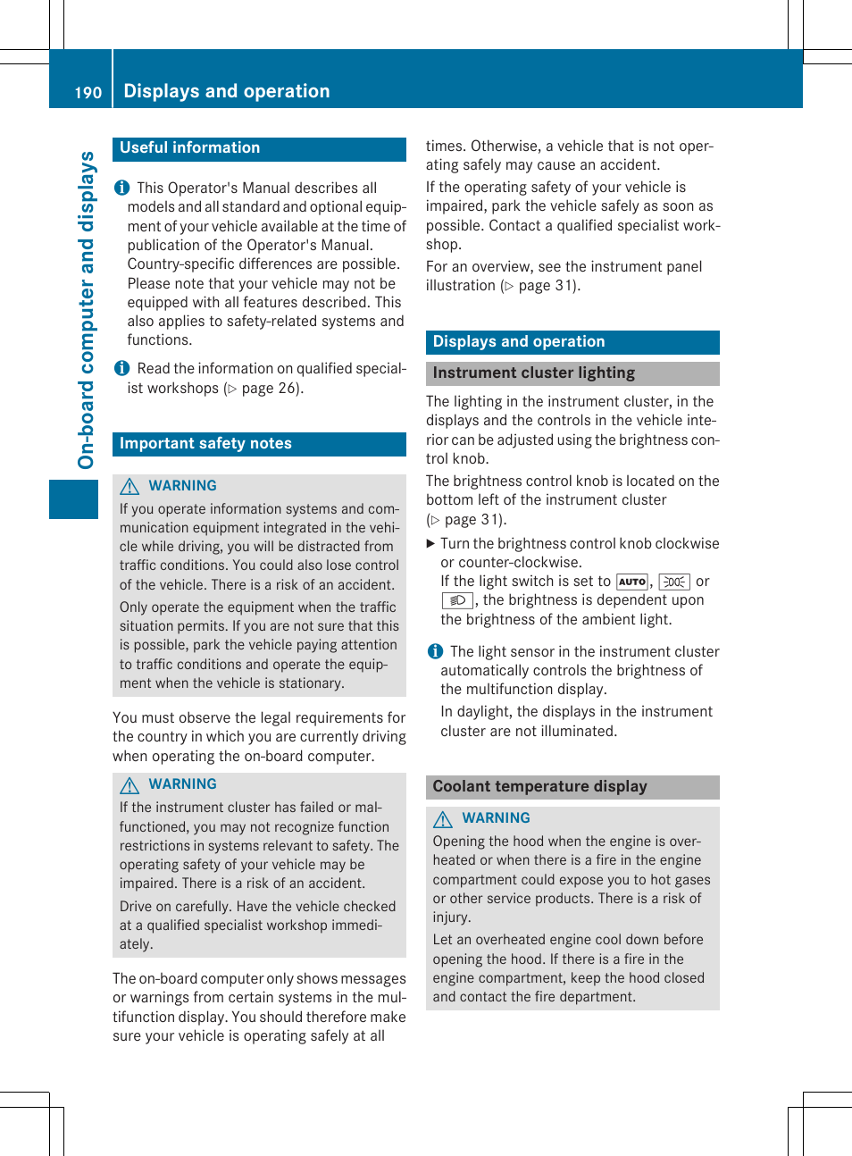 On-boar d compu ter and disp lays, Displays and operation | Mercedes-Benz C-Coupe 2015 Owners Manual User Manual | Page 192 / 354