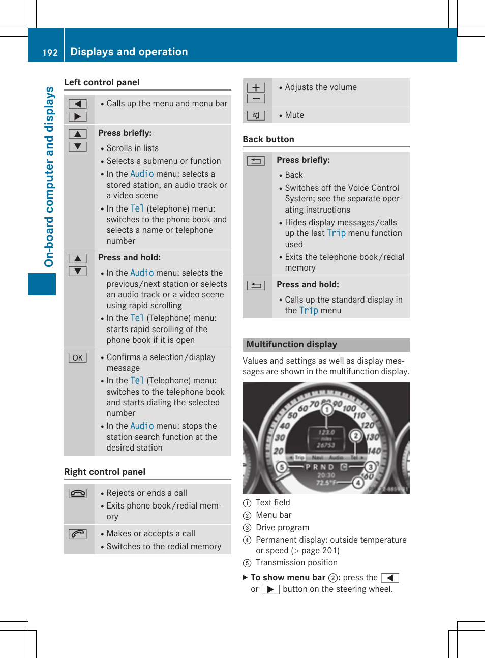 On-b oar d comp ut er and disp lay s, Displays and operation | Mercedes-Benz C-Coupe 2015 Owners Manual User Manual | Page 194 / 354