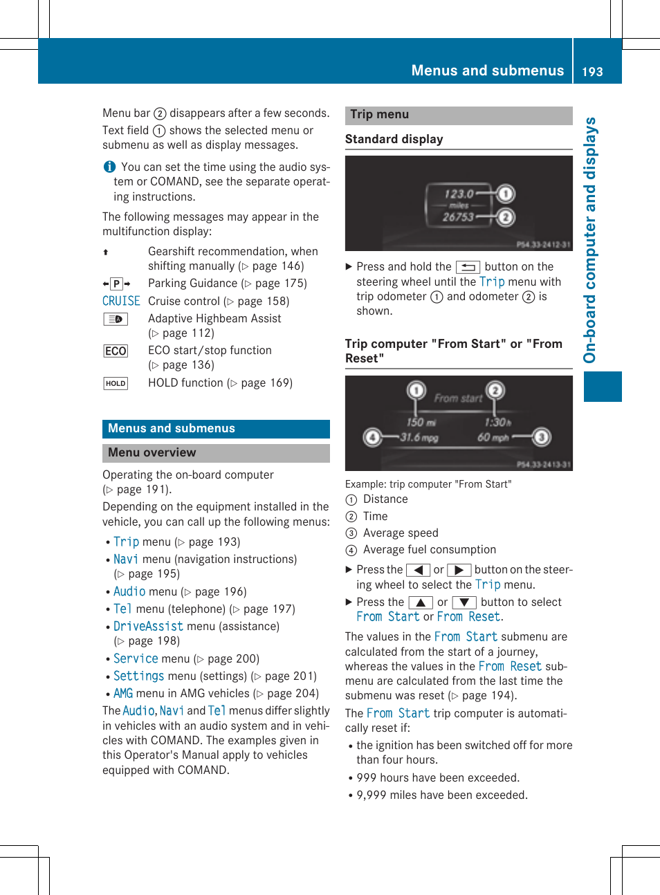 On-board computer and displays, Menus and submenus | Mercedes-Benz C-Coupe 2015 Owners Manual User Manual | Page 195 / 354